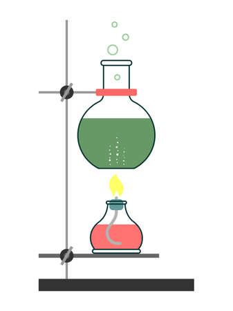 THE GREEN LIQUID IN THE FLASK IS HEATED BY A BURNER IN THE VECTORのイラスト素材