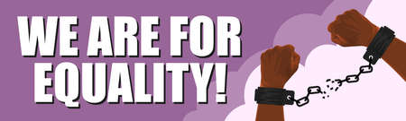 HANDS IN SHACKLES ON A PURPLE BACKGROUND AND AN INSCRIPTION IN SUPPORT OF EQUAL RIGHTS FOR AFRICAN AMERICANSのイラスト素材