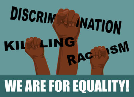 BROKEN HAND LETTERING DISCRIMINATION, RACISM AND MURDER ON A BLUE BACKGROUND IN VECTOR