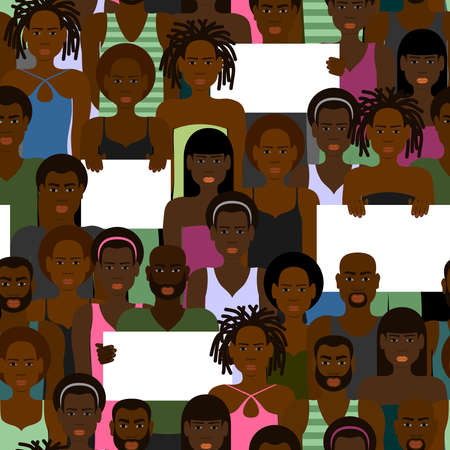 SEAMLESS PATTERN WITH A CROWD OF AFRICAN AMERICANS AND EMPTY TEMPLATES FOR LABELS IN THE VECTORのイラスト素材