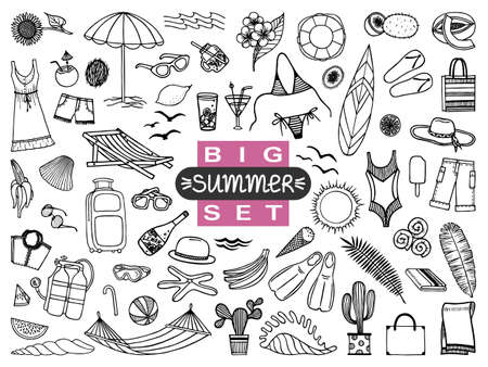 A LARGE SET WITH ATTRIBUTES OF SUMMER VACATION AND CLOTHING FOR THE BEACHのイラスト素材