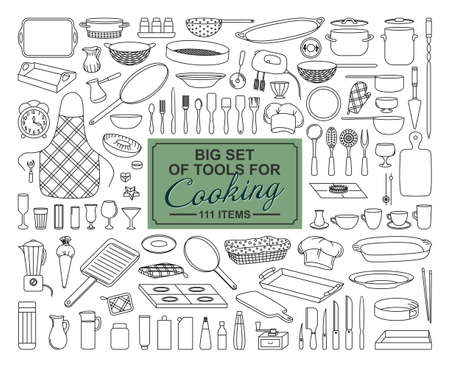 LARGE SET OF KITCHEN ITEMS FOR COOKING IN VECTORのイラスト素材
