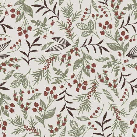SEAMLESS BEIGE PATTERN WITH AUTUMN BERRIES DRAWN IN VECTORのイラスト素材