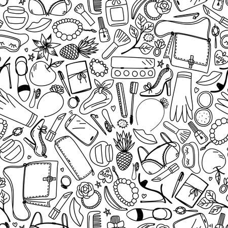 SEAMLESS PATTERN WITH WOMENS ACCESSORIES IN VECTORのイラスト素材