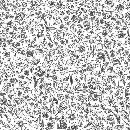 SEAMLESS PATTERN WITH DIFFERENT FLOWERS AND LEAVES IN THE VECTORのイラスト素材