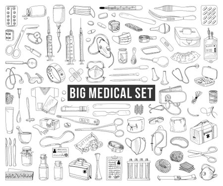 BIG SET OF MEDICAL ITEMS AND MEDICINES IN VECTORのイラスト素材