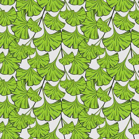 SEAMLESS PATTERN WITH GREEN GINKGO BILOBA LEAVES ON A YELLOW BACKGROUND IN VECTORのイラスト素材
