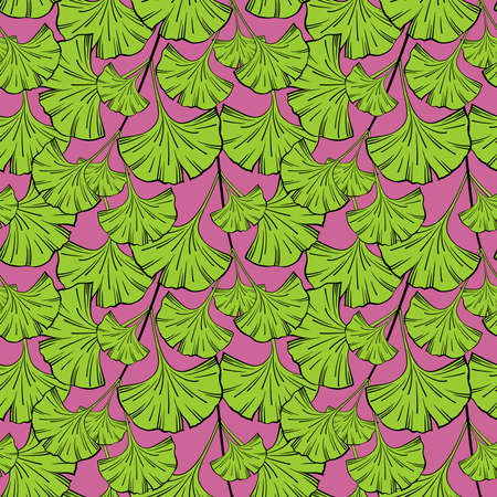 SEAMLESS PATTERN WITH GREEN GINKGO BILOBA LEAVES ON A YELLOW BACKGROUND IN VECTORのイラスト素材