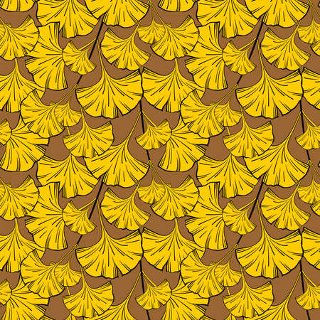 SEAMLESS PATTERN WITH GREEN GINKGO BILOBA LEAVES ON A YELLOW BACKGROUND IN VECTORのイラスト素材
