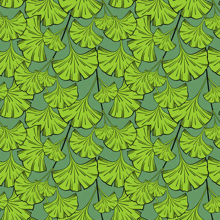 SEAMLESS PATTERN WITH GREEN GINKGO BILOBA LEAVES ON A YELLOW BACKGROUND IN VECTORのイラスト素材