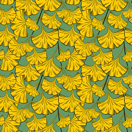 SEAMLESS PATTERN WITH GREEN GINKGO BILOBA LEAVES ON A YELLOW BACKGROUND IN VECTORのイラスト素材