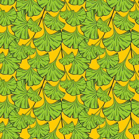 SEAMLESS PATTERN WITH GREEN GINKGO BILOBA LEAVES ON A YELLOW BACKGROUND IN VECTORのイラスト素材