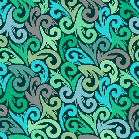 VINTAGE SEAMLESS PATTERN WITH MULTI-COLORED MONOGRAMS ON A GREEN BACKGROUND IN VECTORのイラスト素材
