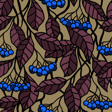 SEAMLESS PATTERN WITH BLUE BERRIES ON A GOLDEN BACKGROUND IN VECTORのイラスト素材