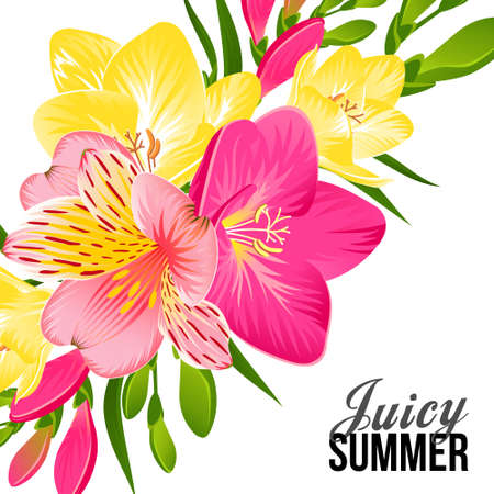 SUMMER TROPICAL FLOWERS ON A WHITE BACKGROUND IN VECTORのイラスト素材