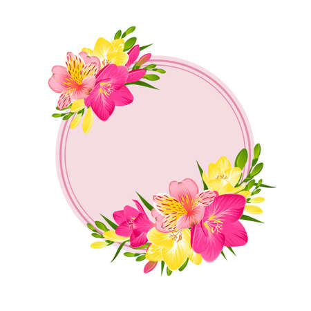 FRAME OF TROPICAL FLOWERS ON A WHITE BACKGROUND IN VECTORのイラスト素材
