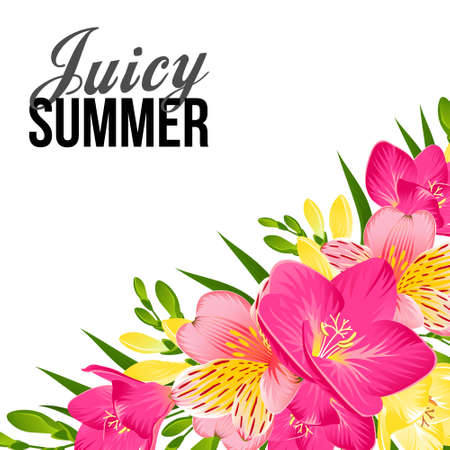 SUMMER TROPICAL FLOWERS ON A WHITE BACKGROUND IN VECTORのイラスト素材