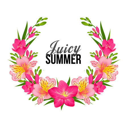 FRAME OF TROPICAL FLOWERS ON A WHITE BACKGROUND IN VECTORのイラスト素材