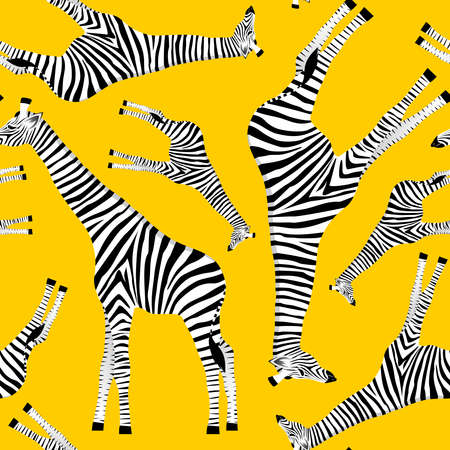 Stylized giraffes in the form of striped zebras on a yellow background in vectorのイラスト素材