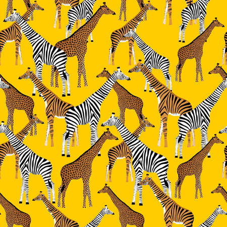 Stylized giraffes with zebra, leopard and tiger coloring on a yellow background in vectorのイラスト素材