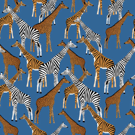 Stylized giraffes with zebra, leopard and tiger coloring on a blue background in vectorのイラスト素材