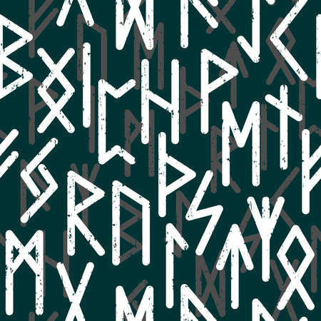 SEAMLESS PATTERN WITH RUNES ON A GREEN BACKGROUND IN A VECTORのイラスト素材