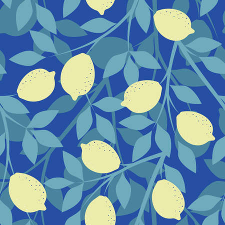 Seamless pattern with lemon branches on a blue background in vectorのイラスト素材