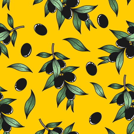 Black olives on a yellow background in the vectorのイラスト素材