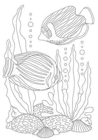 COLORING BOOK FOR KIDS WITH OCEAN FISH IN VECTORのイラスト素材