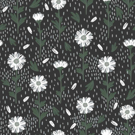 SEAMLESS PATTERN WITH WHITE DAISIES ON A GRAY BACKGROUND IN VECTORのイラスト素材