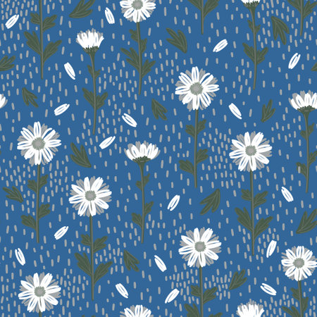SEAMLESS PATTERN WITH WHITE DAISIES ON A BLUE BACKGROUND IN VECTORのイラスト素材