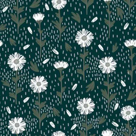 SEAMLESS PATTERN WITH WHITE DAISIES ON A GREEN BACKGROUND IN VECTORのイラスト素材