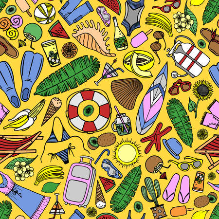 Bright seamless pattern with beach accessories and tropical fruits on a yellow background in vectorのイラスト素材