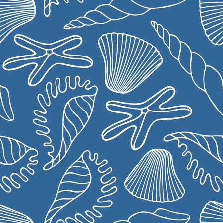 Seamless pattern with exotic seashells and starfish on a blue background in vectorのイラスト素材