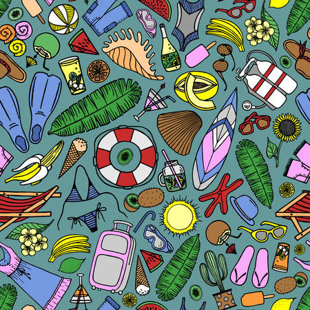 Bright seamless pattern with beach accessories and tropical fruits on a mint background in vectorのイラスト素材