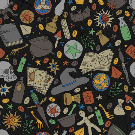 Seamless pattern with multi-colored objects for magic on a black backgroundのイラスト素材