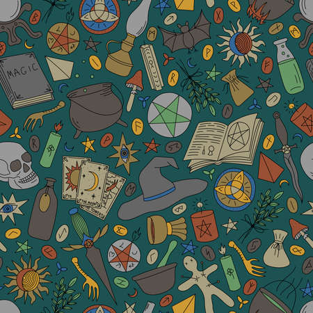 Seamless pattern with multi-colored objects for magic on a green backgroundのイラスト素材