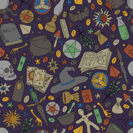 Seamless pattern with multi-colored objects for magic on a purple backgroundのイラスト素材