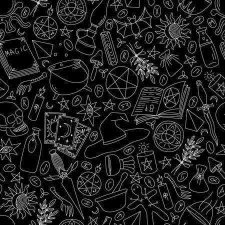 Seamless pattern with magic items on a black backgroundのイラスト素材