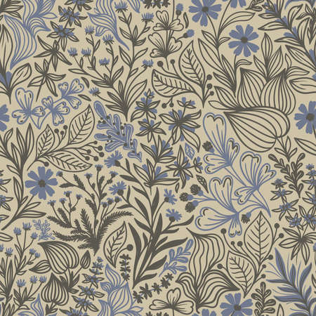 Seamless pattern with beautiful wildflowers and plants on a beige background in vectorのイラスト素材
