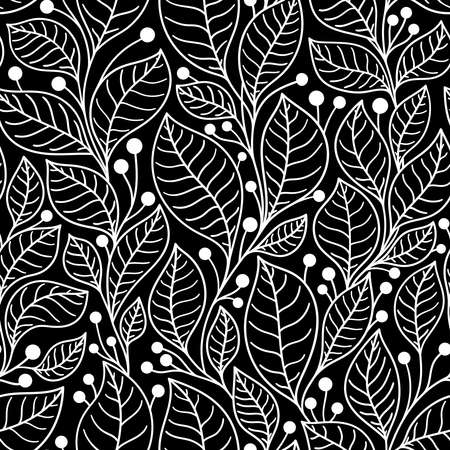 Seamless pattern with bay leaves on branches on a black background in vectorのイラスト素材