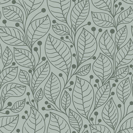 Seamless pattern with bay leaves on branches on a green background in vectorのイラスト素材