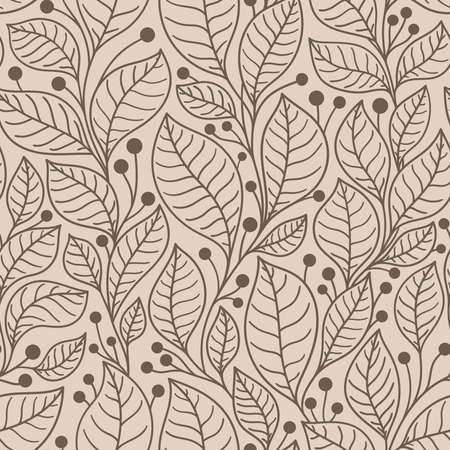 Seamless pattern with bay leaves on branches on a beige background in vectorのイラスト素材