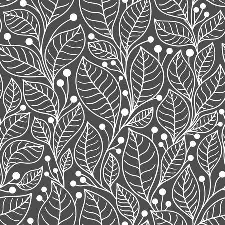 Seamless pattern with bay leaves on branches on a gray background in vectorのイラスト素材