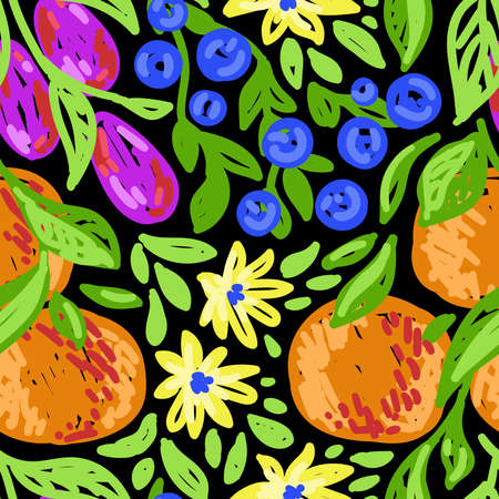 Seamless pattern with bright fruits and berries on a black background in vectorのイラスト素材