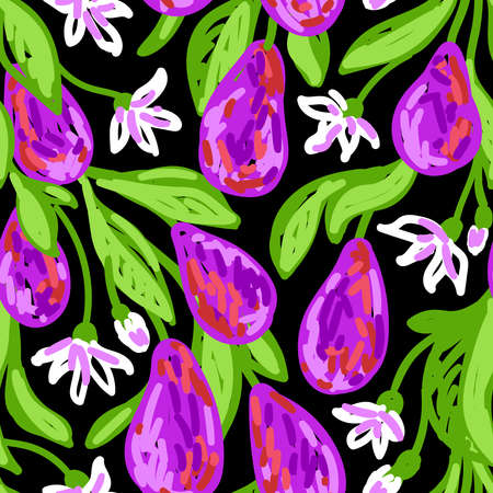 Seamless pattern with bright plums and flowers on a black background in vectorのイラスト素材