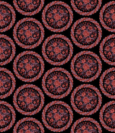 Seamless pattern with bouquets of red wildflowers in circles on a black background in vectorのイラスト素材