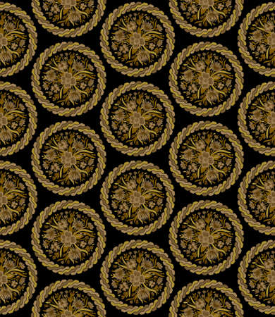 Seamless pattern with bouquets of beige wildflowers in circles on a black background in vectorのイラスト素材