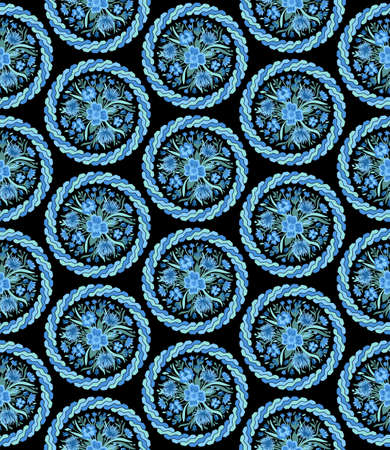 Seamless pattern with bouquets of blue wildflowers in circles on a black background in vectorのイラスト素材