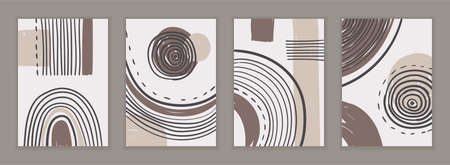 A SET OF ABSTRACT POSTERS WITH CARELESSLY DRAWN GEOMETRIC SHAPES ON A BEIGE BACKGROUND IN VECTORのイラスト素材